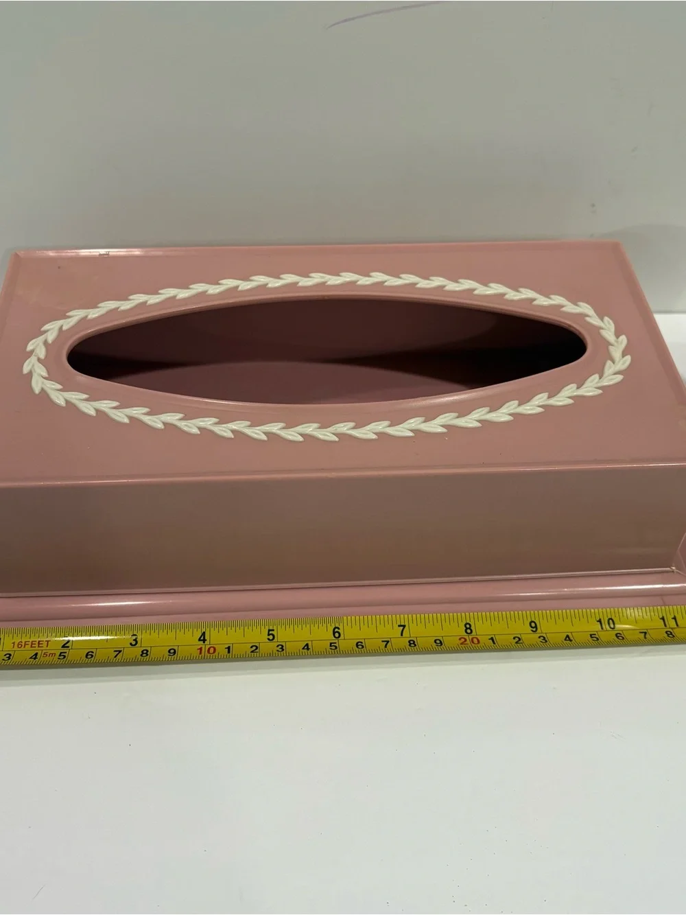 Vtg MCM Tissue Box Holder Bathroom Set Mauve Pink Plastic White Trim Fesco